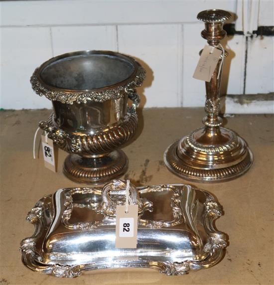 Old Sheffield Plate campana-shaped wine cooler, similar entree dish and a candlestick